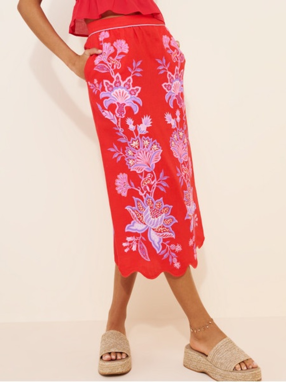 FARM Rio Porcelain Garden Red Motif Linen Blend Scalloped Midi Skirt S - Picture 1 of 16
